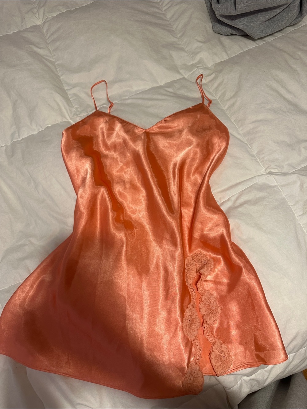 La SENZA Peach Satin Slip Chemise with Lace Trim